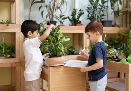 Two boys are playing with plants in a room.