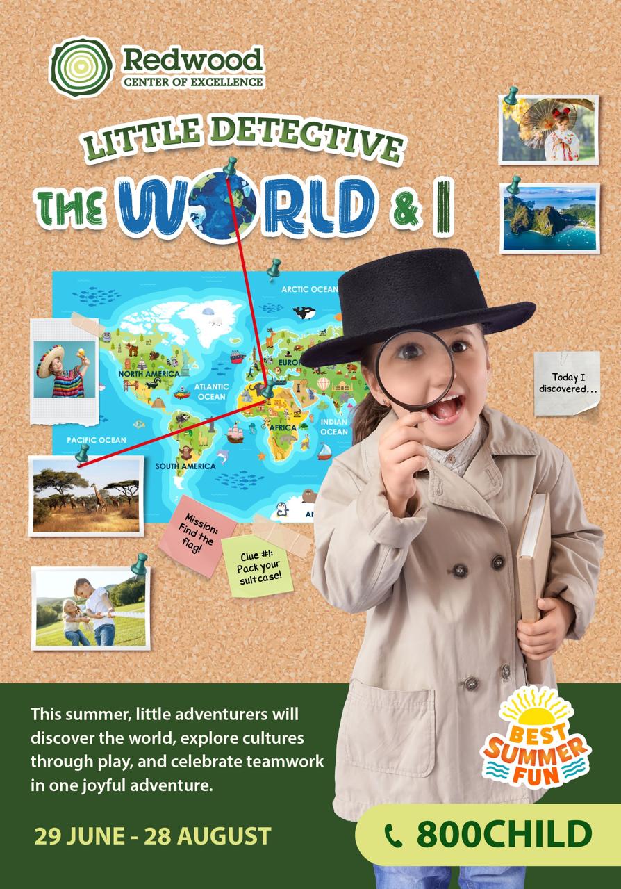A child in a detective outfit stands in front of a world map display, holding a magnifying glass and notebook, promoting a summer program at Redwood Center of Excellence.