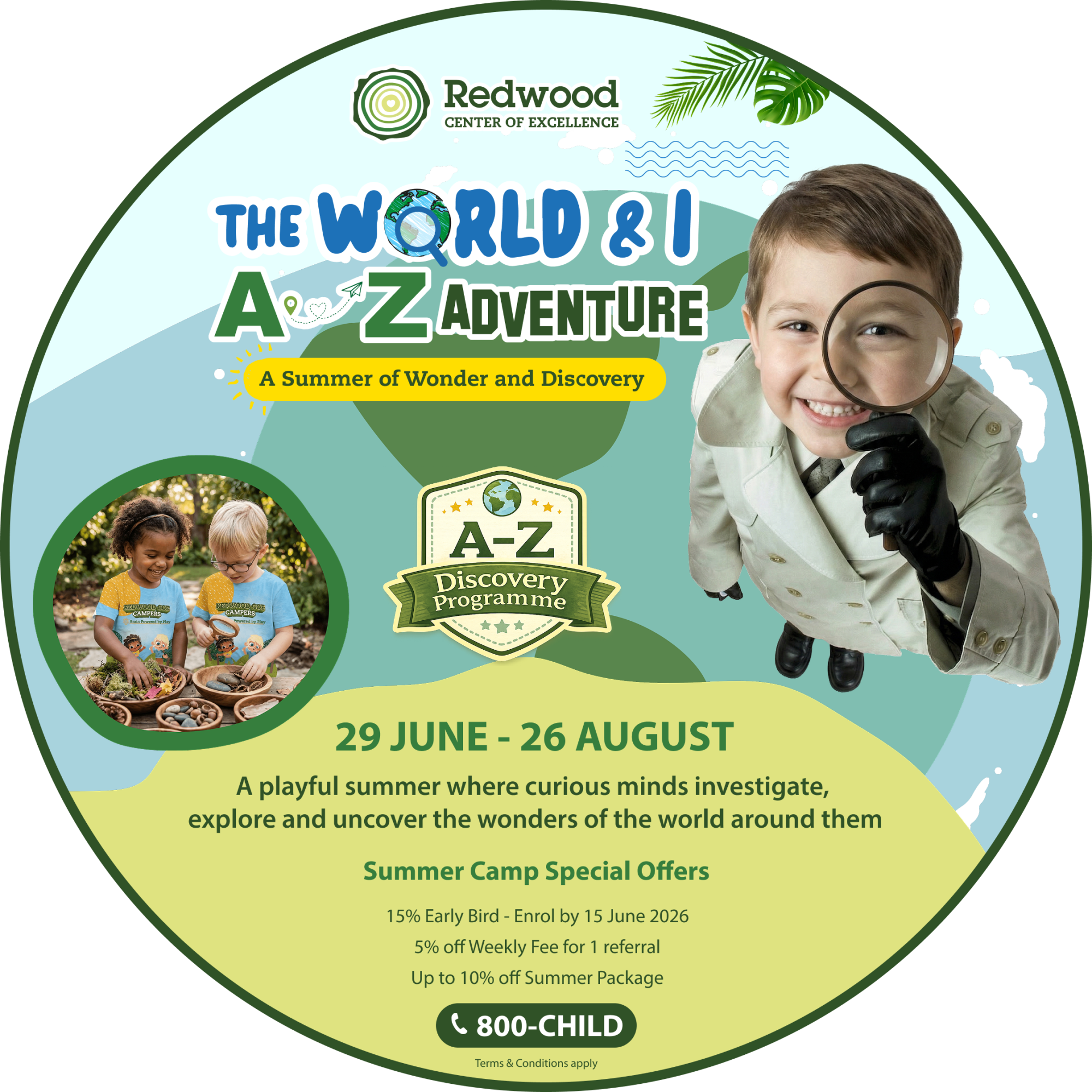 A promotional poster for Redwood's "The World & I: A-Z Adventure" summer camp, featuring two children exploring outdoors and a boy looking through a magnifying glass, with camp details and offers.