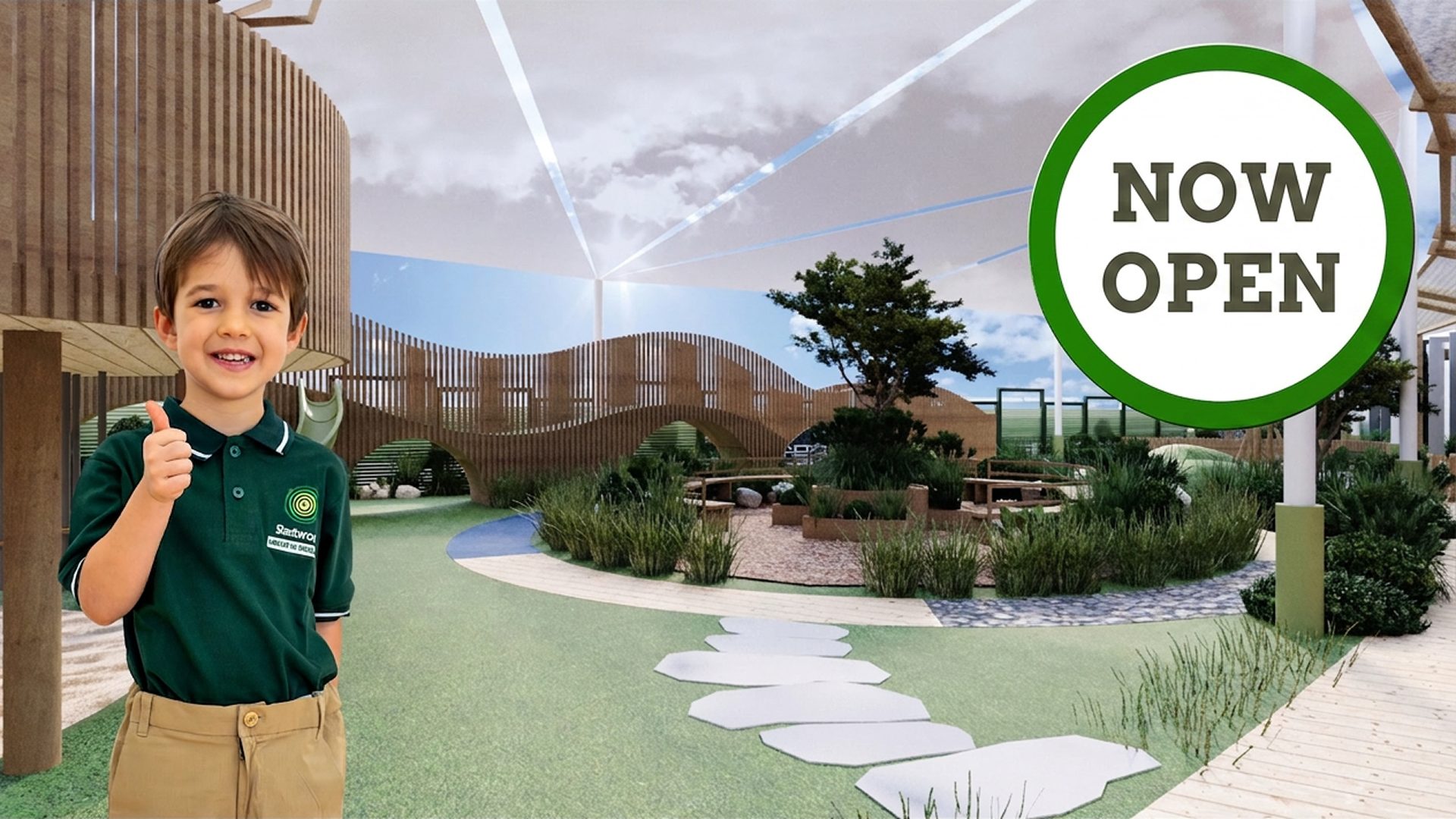 Young child in a green school uniform stands smiling in a modern outdoor play area, with a large sign reading "NOW OPEN" in the background.