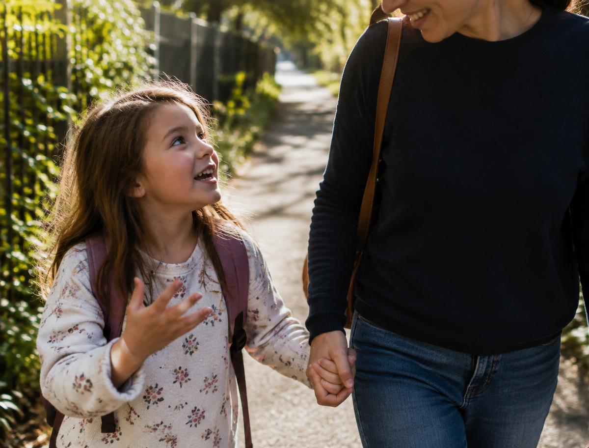 A child chatting happily with a parent while walking hand in hand