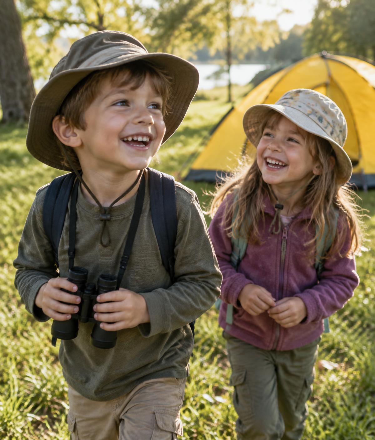Two children laughing outdoors beside a yellow tent, one holding binoculars